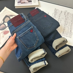 心动烟管裤！四面弹植绒酵素雪花洗牛仔爱心刺绣小个子九分直筒裤