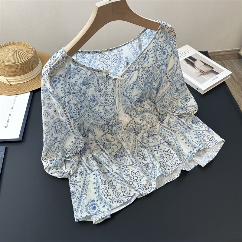 海岛风蓝色青花瓷小衫抽皱衬衫