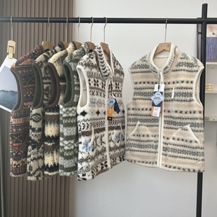 中古北欧风费尔岛双面摇粒绒马甲立领加厚保暖羊羔绒背心外套女冬