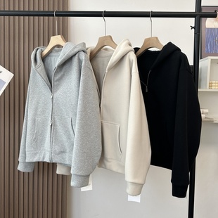 超暖复合一体绒！灰色双拉链宽松廓形连帽卫衣女加绒加厚帽衫外套