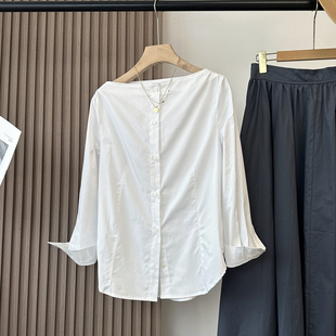 100棉 柜上790 法式 一字船领正肩荃棉长袖 白衬衣女秋新 衬衫