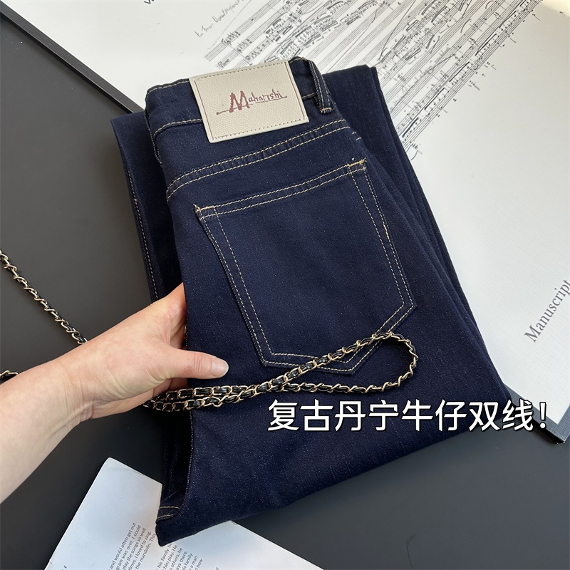 复古丹宁牛仔双线拼接窄版阔腿