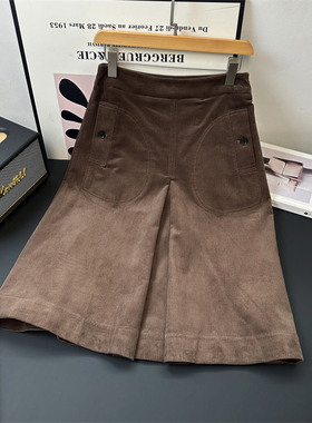 禾~y料 糕端！老钱风复古荃棉灯芯绒！复古压褶插袋中长A字半身裙