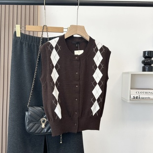 西班牙D~复古撞色菱格提花毛衣开衫背心马甲叠穿显瘦圆领无袖上衣
