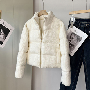 西班牙D~秋冬休闲宽松立领保暖面包服针织棉服夹克外套女白色棉衣