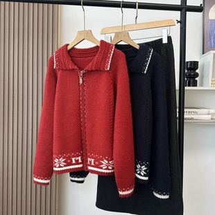 费尔岛提花翻领本命年红毛衣外套25秋冬新款拉链宽松加厚针织开衫