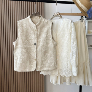 高奢 重工W针刺绣国风马甲叠穿背心坎肩亚麻棉麻外套立领上衣女