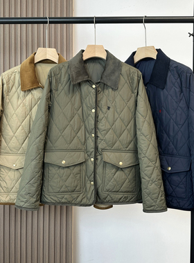 L柜上3K+！复古老钱风小马刺绣菱格棉服 灯芯绒翻领轻薄棉衣女冬