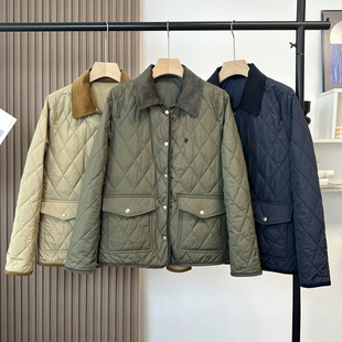 L柜上3K+！复古老钱风小马刺绣菱格棉服 灯芯绒翻领轻薄棉衣女冬