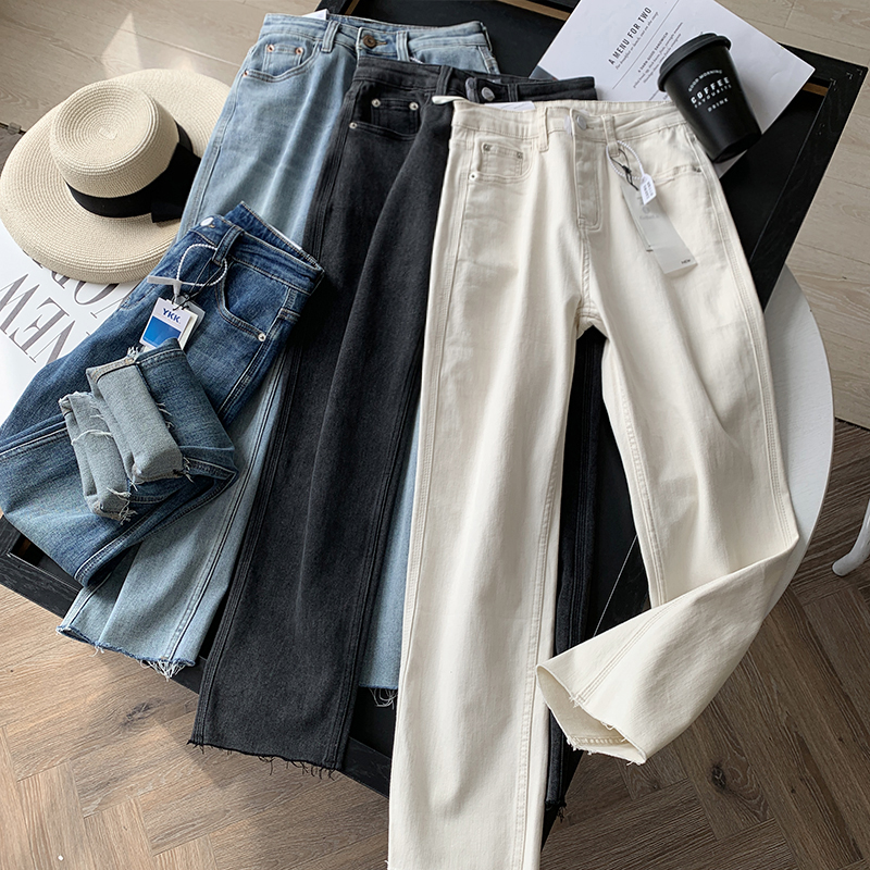 显腿直显腿细毛边小直筒牛仔裤