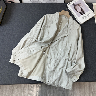 北欧纸感超薄！皱感皮衣外套翻领抽绳收腰中长款夹克皮风衣女秋款