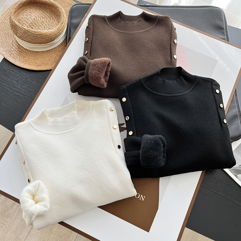 一体绒加厚毛衣纽扣半高领打底衫