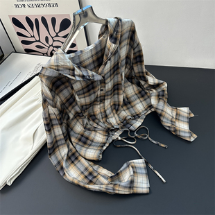 短外套女上衣 衬衫 万茜同款 细节控Bi入荃棉色织格纹连帽抽绳长袖