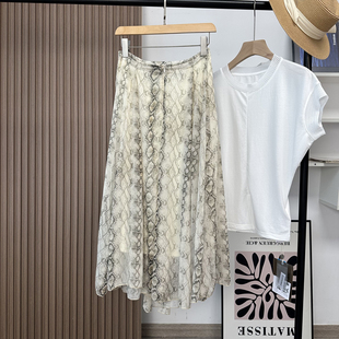 度假风蛇纹印花不规则宽摆中长雪纺半身裙女 法式 牛货 西班牙Dan