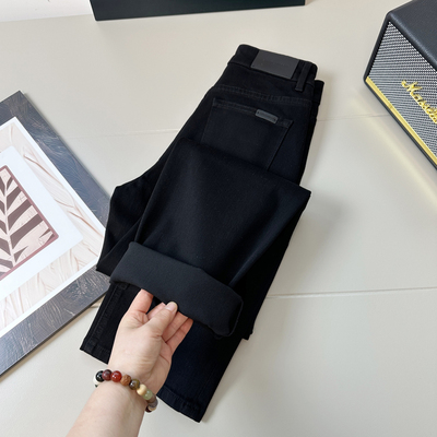 四面弹黑色牛仔窄版直筒长裤