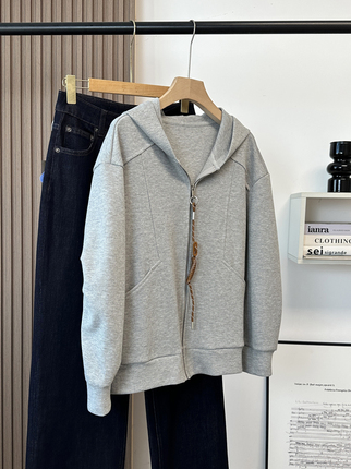 Vertical Cutting and Segmentation! Pique Cotton Air Layer and Simple Relaxed Silhouette Sweatshirt, Hooded Cardigan, Large Coat