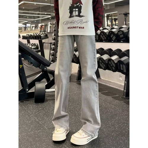 烟灰色517直筒牛仔裤男款美式高街vibe风弯刀裤子cleanfit微喇裤