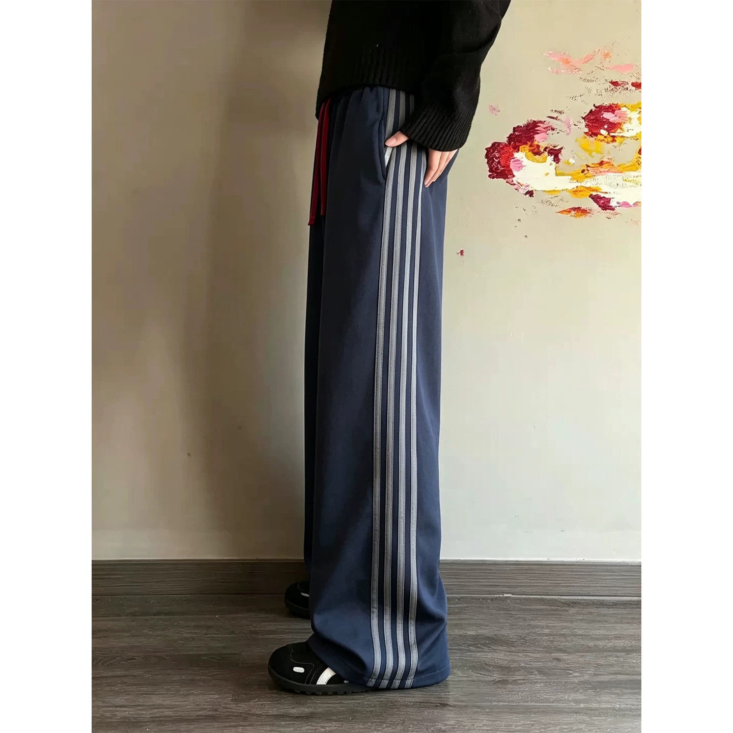 美式条纹休闲卫裤男秋季宽松垂感四条杠运动裤cleanfit显腿长裤子