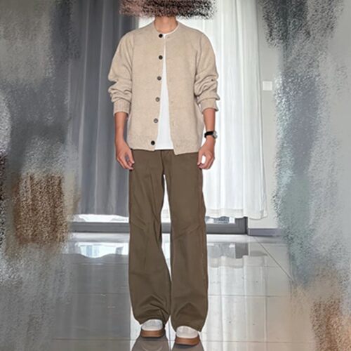 羊毛混纺ZZYT人夫感穿搭燕麦系秋天神毛衣针织衫搭配咖棕色裤子男
