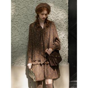 棕色系带碎花长袖 覆古宽松中长款 连衣裙秋冬女 2025年新款 MELLIIY