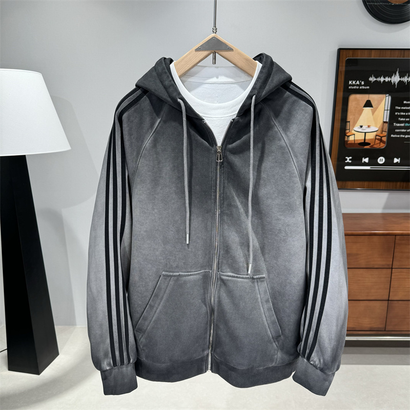 新款条纹拼接棉衣男高品质水洗休闲百搭棉服男士秋冬薄棉连帽外套