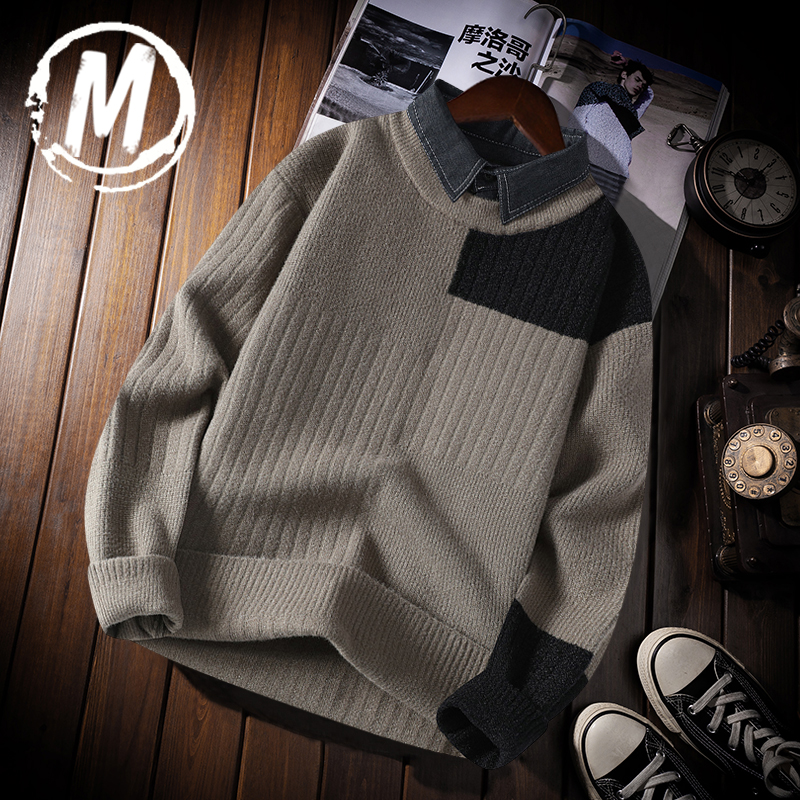 男士假两件毛衣高级感秋冬季撞色毛线衣男款衬衫领加厚带领针织衫