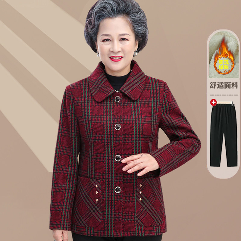 中老年人春秋外衣女奶奶格子外套