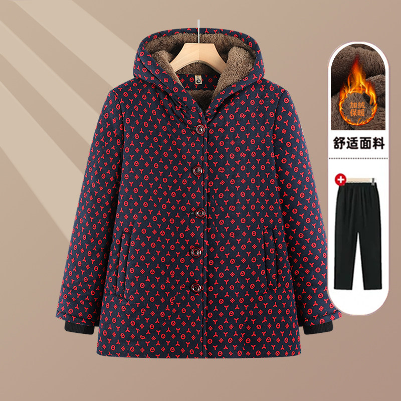 奶奶冬装棉袄加绒加厚连帽中老年人女妈妈秋冬外套老太太老人棉服