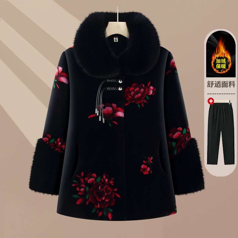 中老年女仿皮草加厚保暖毛领大衣