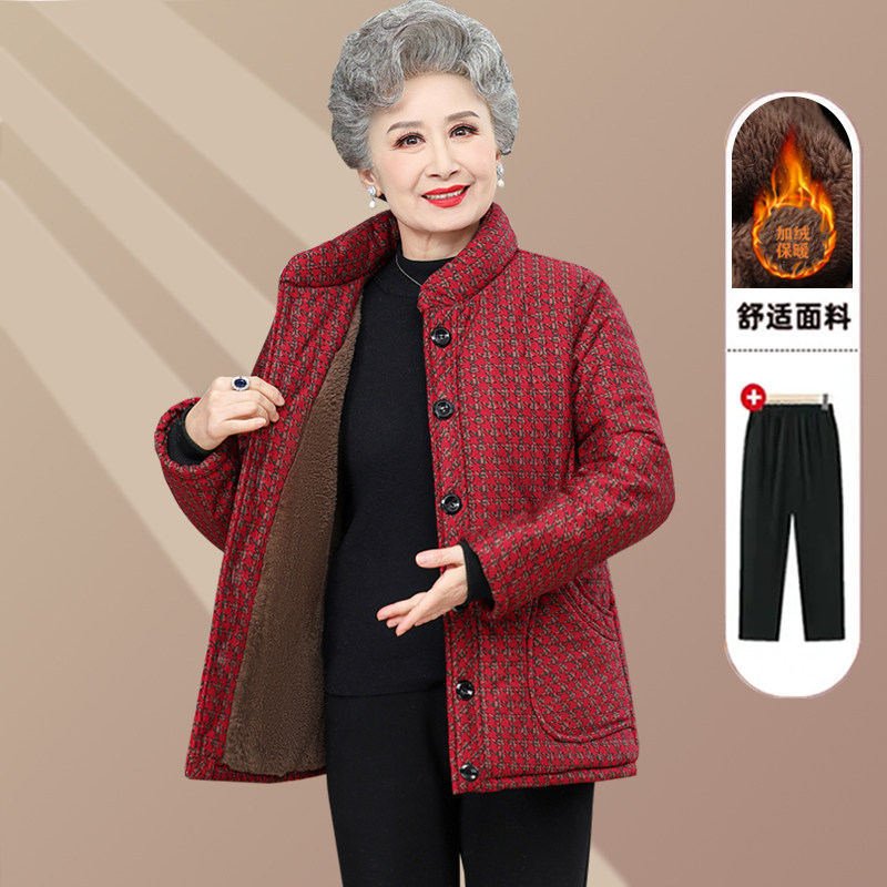 中老年妈妈装加绒棉衣千鸟格