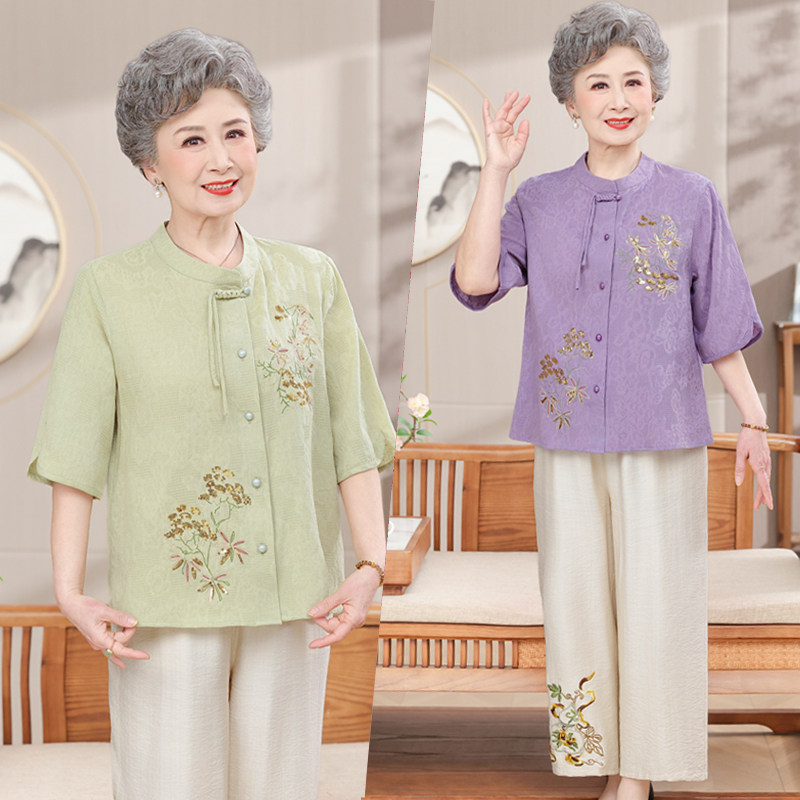 中老年人女中袖棉麻套装奶奶夏季