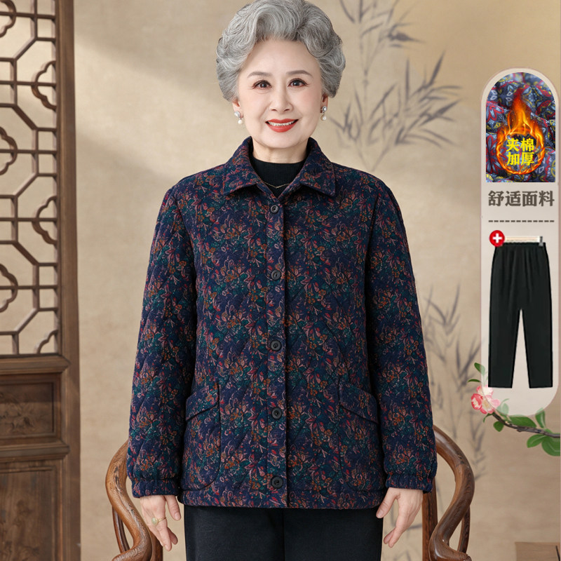 中老年妈妈装翻领开衫夹棉棉服