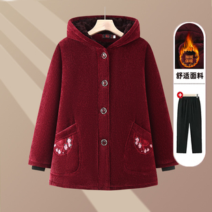 老年人冬装红色棉袄女奶奶加绒加厚连帽棉衣妈妈冬季大码条绒外套