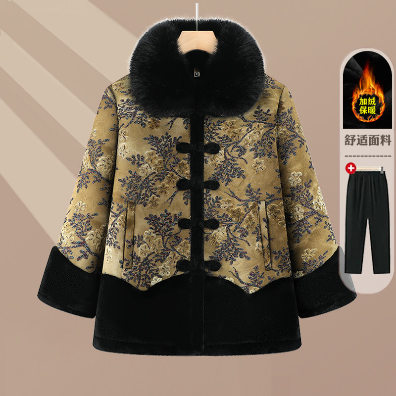 新中式毛领印花加厚保暖妈妈棉服