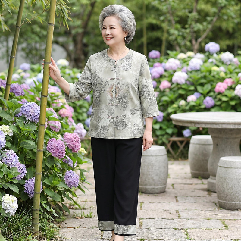 奶奶夏季新中式套装衣服洋气宽松