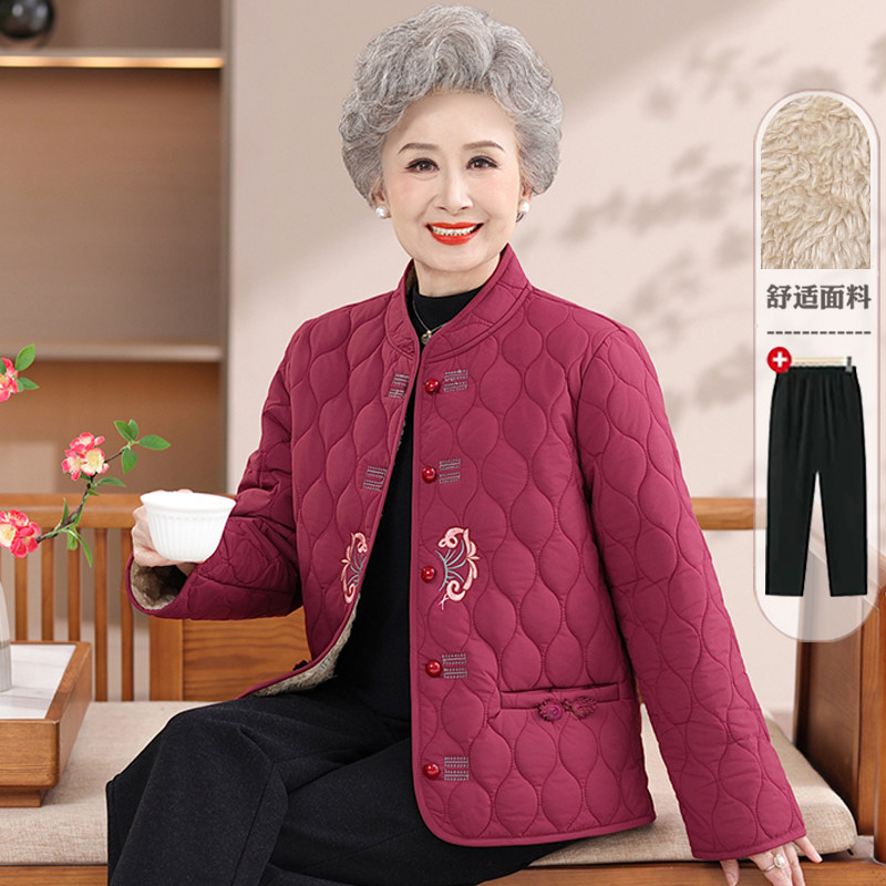 中老年女装加绒棉服立领刺绣妈妈