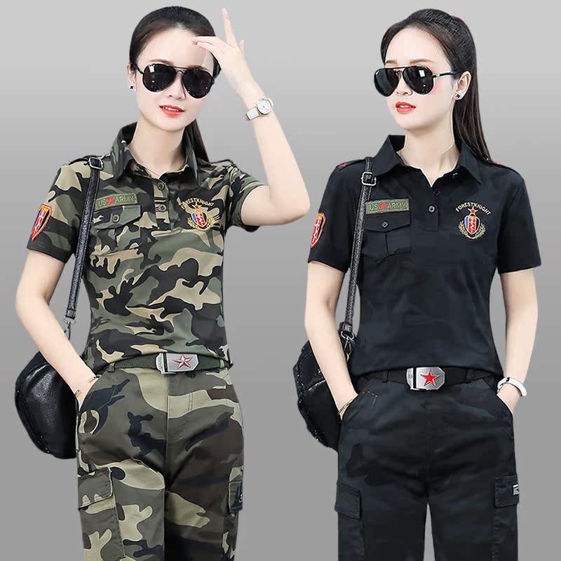 迷彩服运动套装女夏短袖POLO领纯棉修身t恤休闲长裤水兵舞两件套