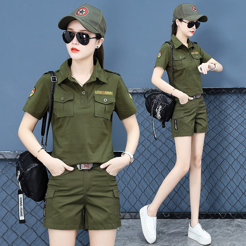 2024夏季新款迷彩服女翻领短袖松紧直筒工装裤休闲广场舞运动套装