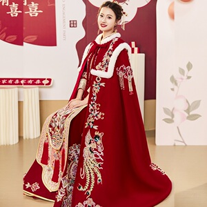 2023新款中式秀禾服披风新娘结婚披肩外搭加厚保暖汉服大毛领斗篷