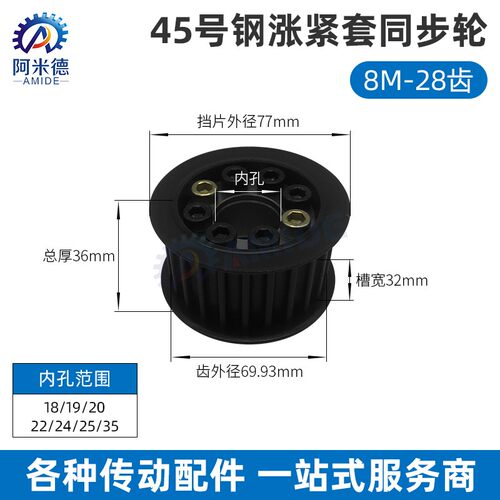 45号钢免键涨紧套同步轮带轮皮带轮 8M28齿 HHTP20P8M3/400F16~25
