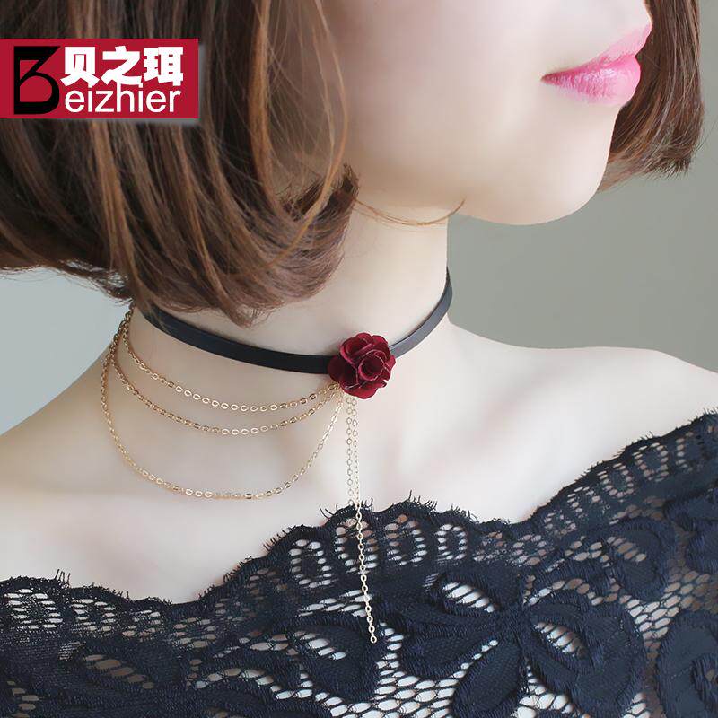 秋冬原宿花朵项圈 女 个性复古玫瑰皮颈链短款时尚锁骨链脖链项链