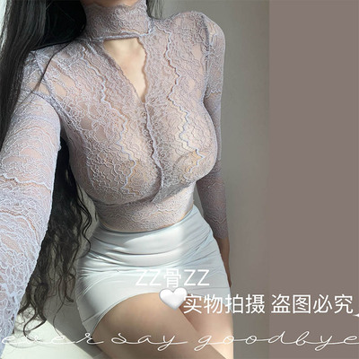 ZZ骨ZZ春季新款优雅气质女人味半透明蕾丝T恤+高腰半身裙时尚套装