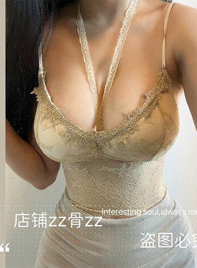 ZZ骨ZZ 夏季新款欧美风优雅女人味V领蕾丝半透明挂脖式吊带背心
