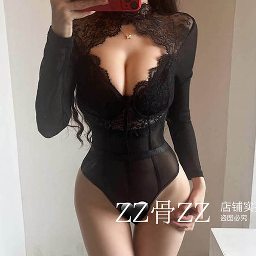 ZZ骨ZZ 夏季新款欧美风甜酷小众街头纯欲蕾丝花边拼接长袖连体T恤
