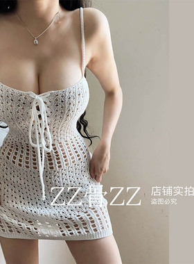 ZZ骨ZZ夏季新款沙滩旅行度假穿搭网眼镂空纯欲性感露背连衣裙短裙