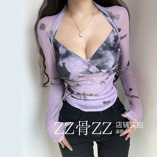 T恤 ZZ骨ZZ 春季 新款 优雅气质女人味扎染网纱透视V领性感纯欲长袖