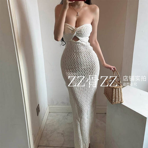 欧美风包臀裙纯色针织镂空