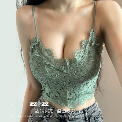 ZZ骨ZZ 新款法式优雅性感女人味V领睫毛蕾丝短款百搭气质吊带背心
