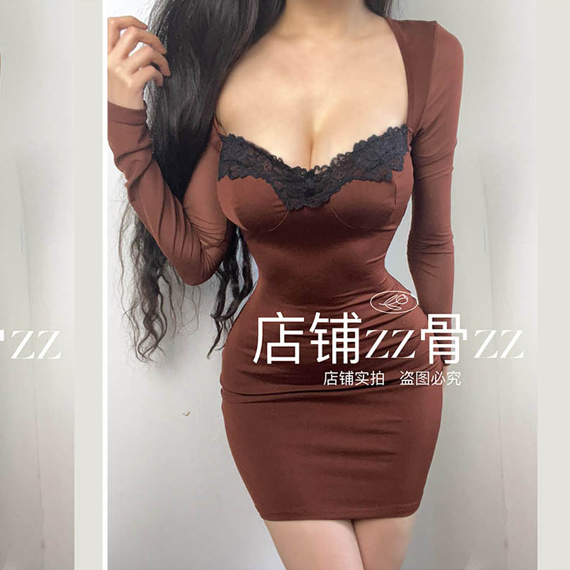 ZZ骨ZZ 新款性感优雅女人味蕾丝拼色拼接修身包臀长袖连衣裙短裙
