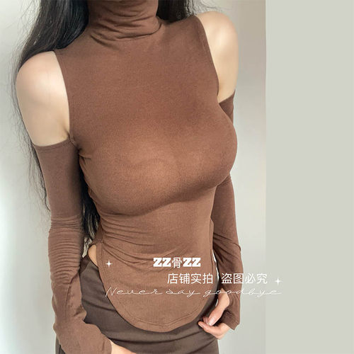 ZZ骨ZZ 新款欧美街头休闲风气质女人味百搭露肩弹力修身型长袖T恤
